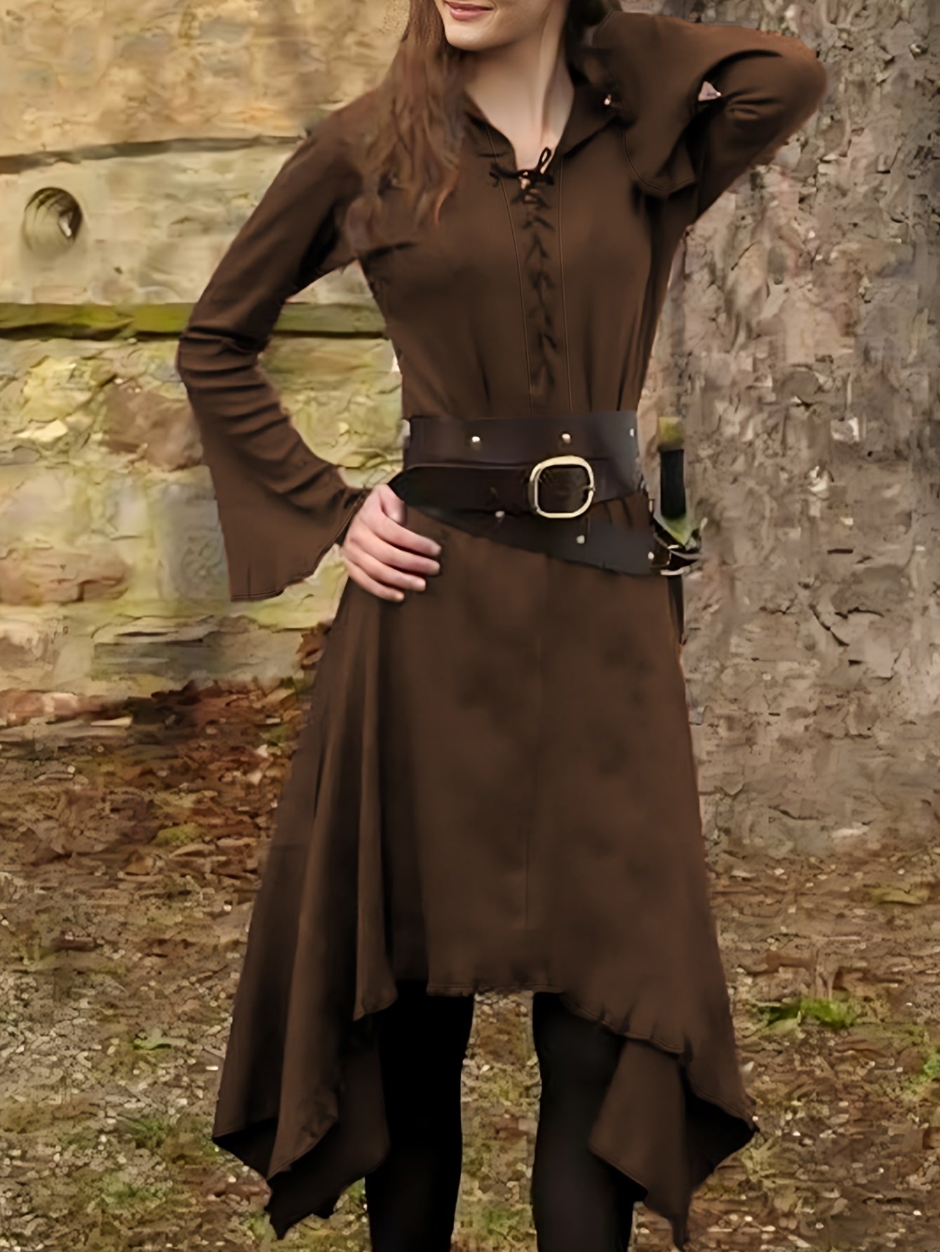 Lace Up Asymmetric Hem Dress - Flare Sleeve Renfaire Apparel