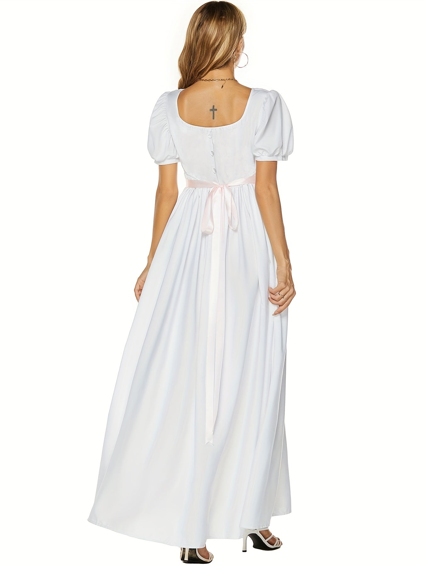 Solid Square Neck Belted Puff Sleeve Peasant Maxi Dress