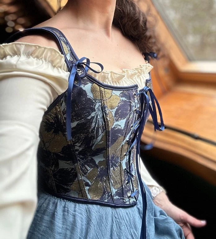 French Renaissance Front Lace-up Overbust Bodice in Blue & Gold Flowered Tapestry Fabric