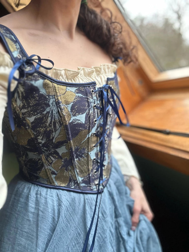 French Renaissance Front Lace-up Overbust Bodice in Blue & Gold Flowered Tapestry Fabric