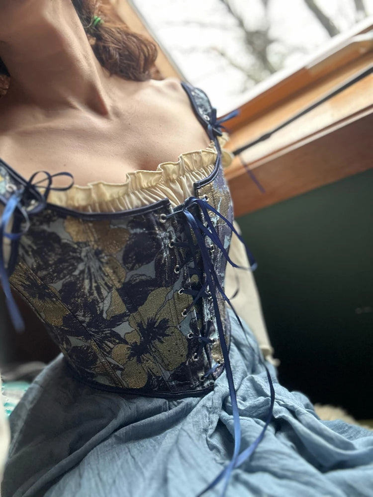 French Renaissance Front Lace-up Overbust Bodice in Blue & Gold Flowered Tapestry Fabric