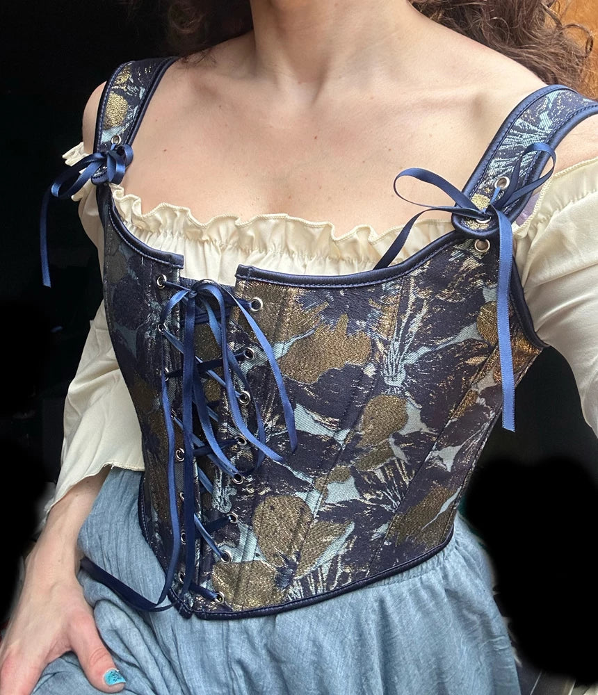 French Renaissance Front Lace-up Overbust Bodice in Blue & Gold Flowered Tapestry Fabric