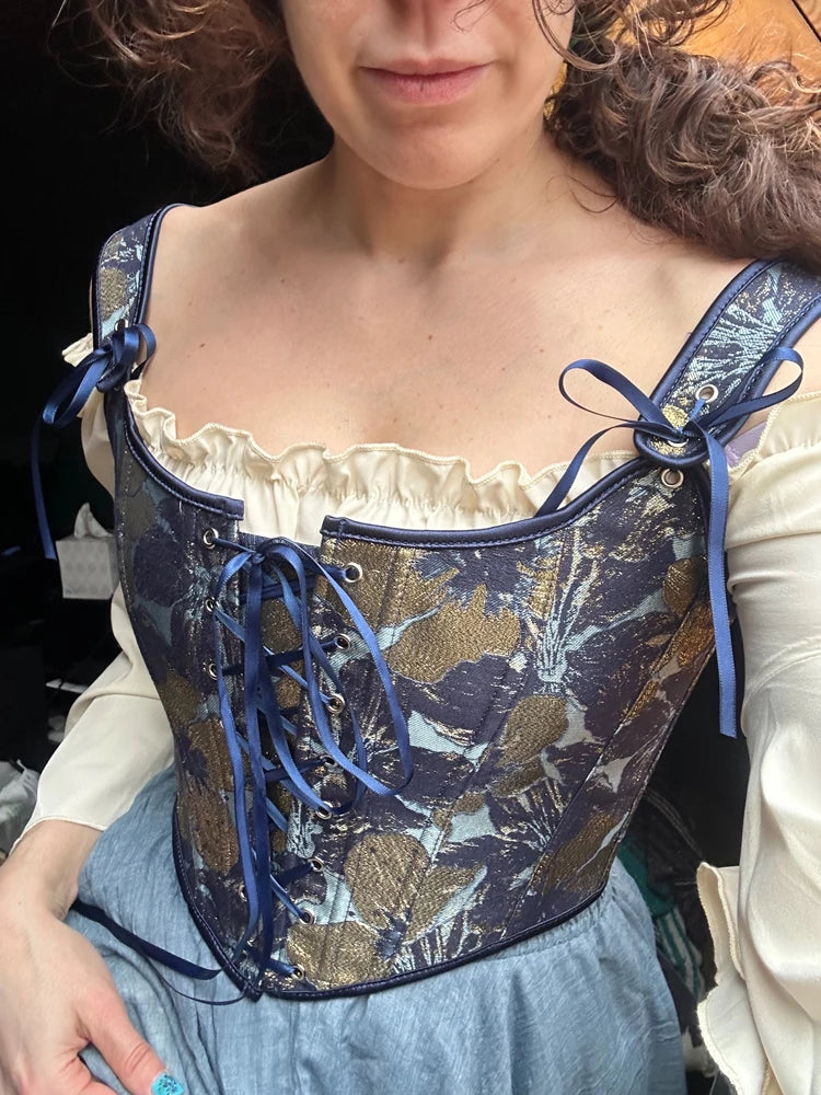 French Renaissance Front Lace-up Overbust Bodice in Blue & Gold Flowered Tapestry Fabric