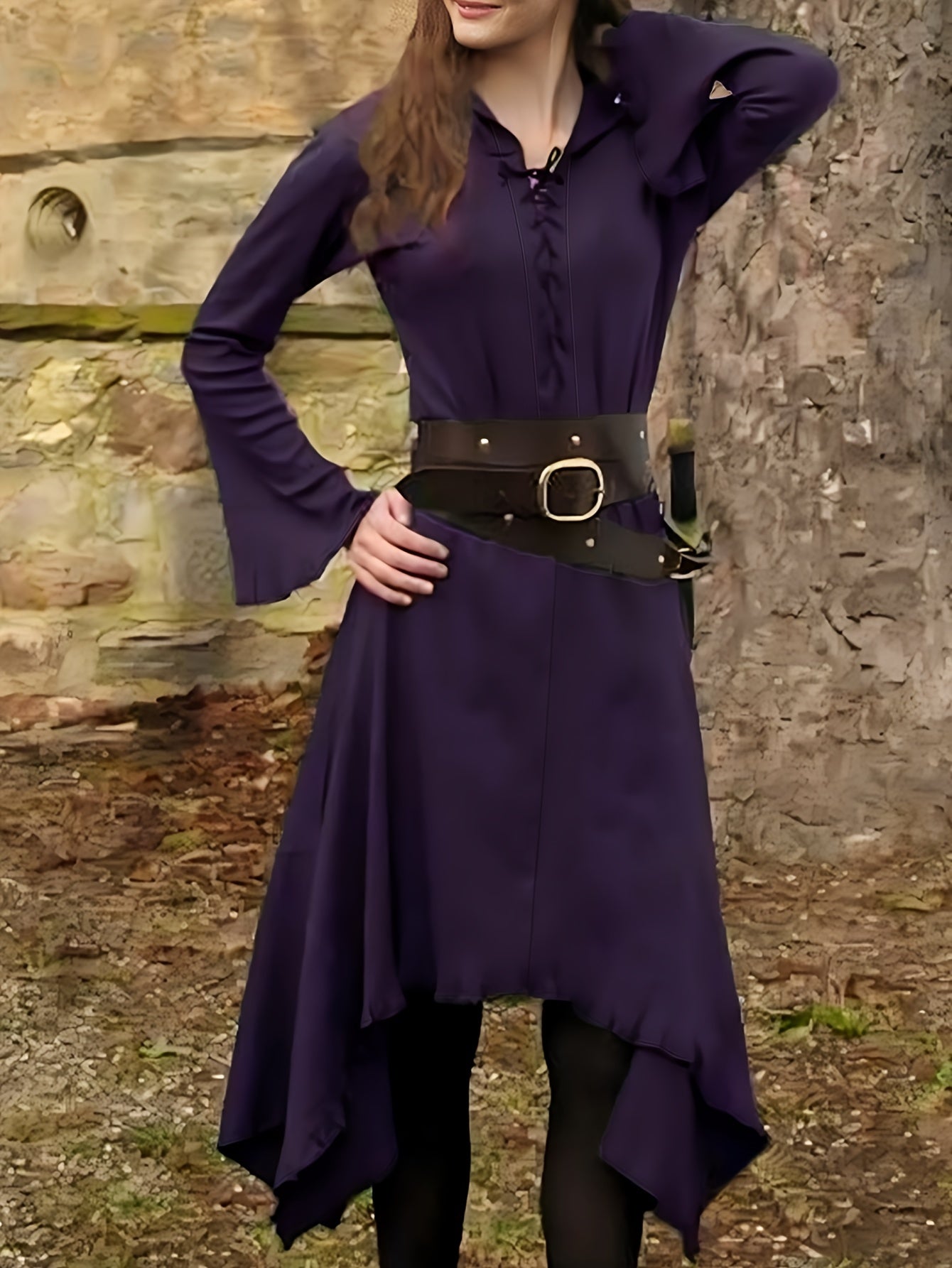 Lace Up Asymmetric Hem Dress - Flare Sleeve Renfaire Apparel