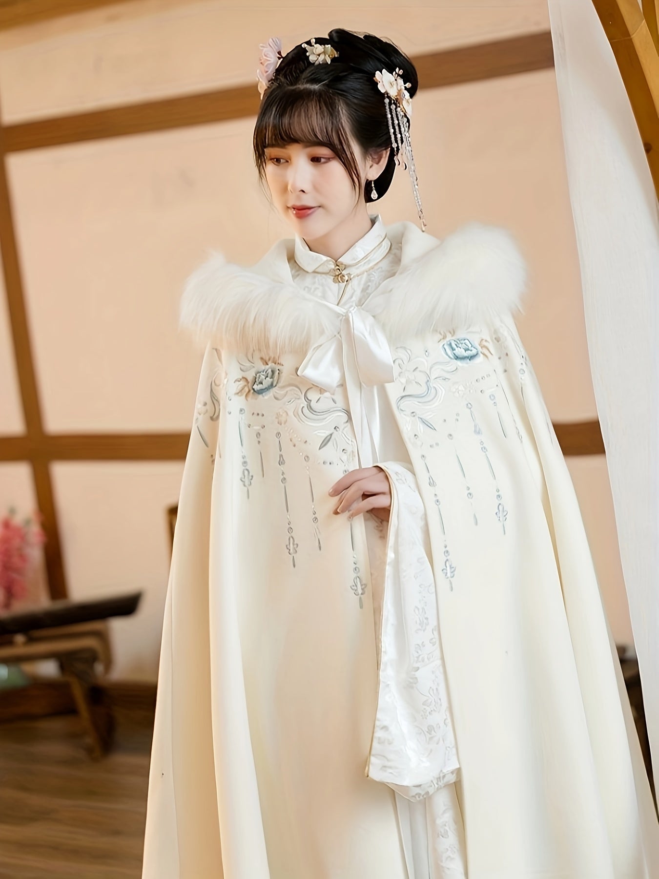 Faux Fur Trim Floral Embroidered Cape Hooded Cloak