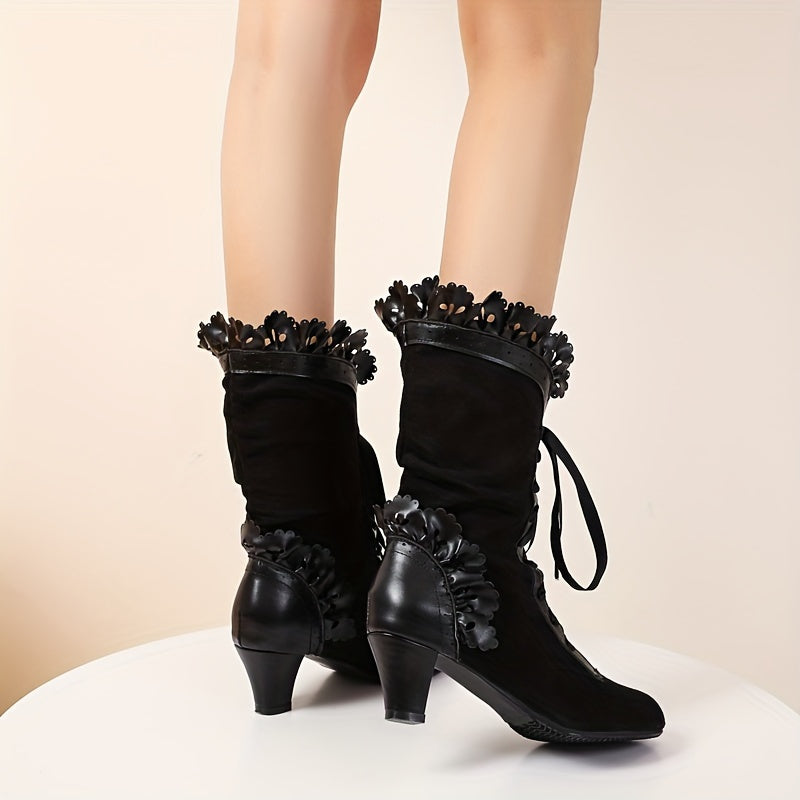 Stylish Flannel Mid-Calf Boots: Round Toe, Lace-Up, Chunky Block Heel