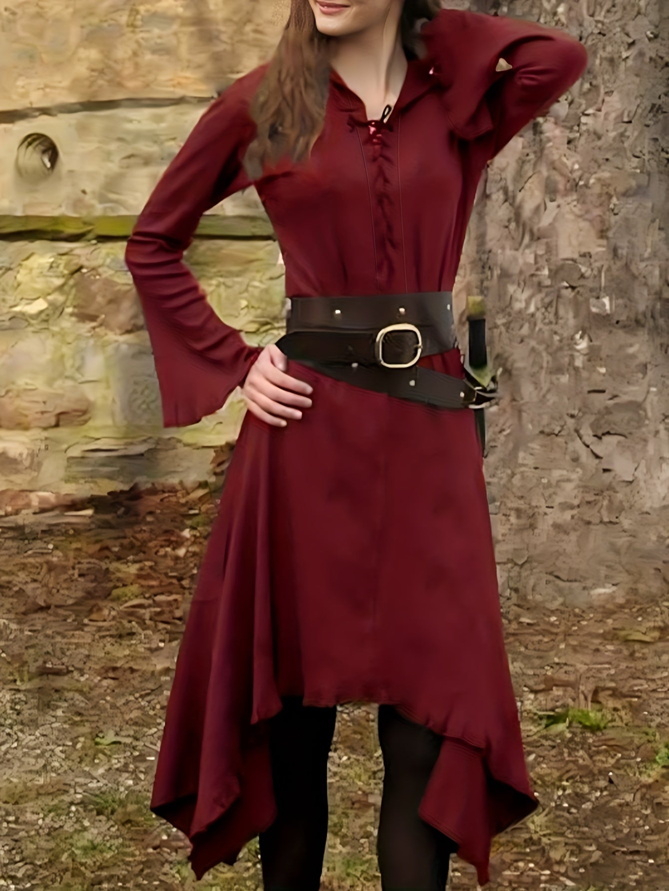 Lace Up Asymmetric Hem Dress - Flare Sleeve Renfaire Apparel