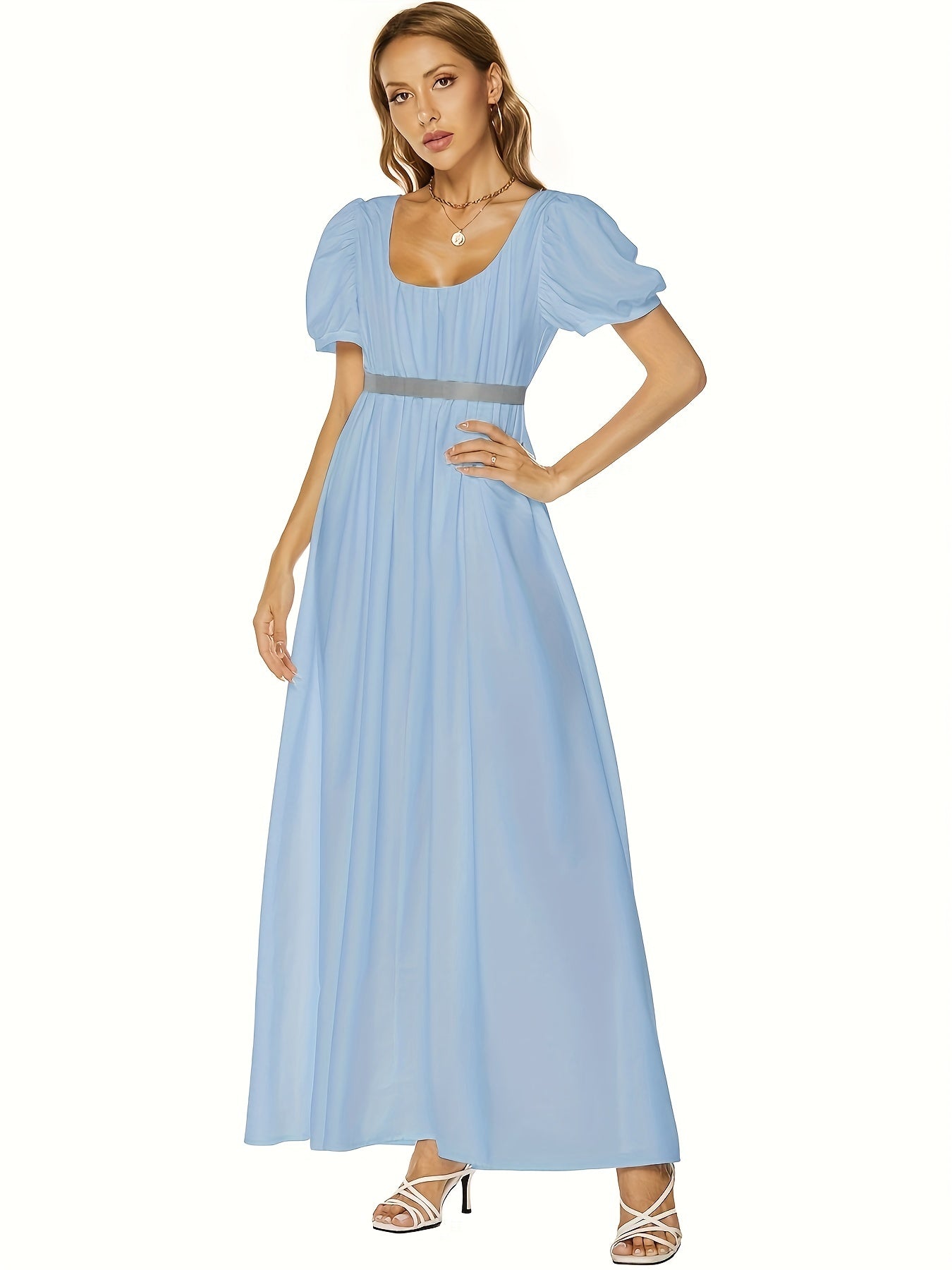 Solid Square Neck Belted Puff Sleeve Peasant Maxi Dress