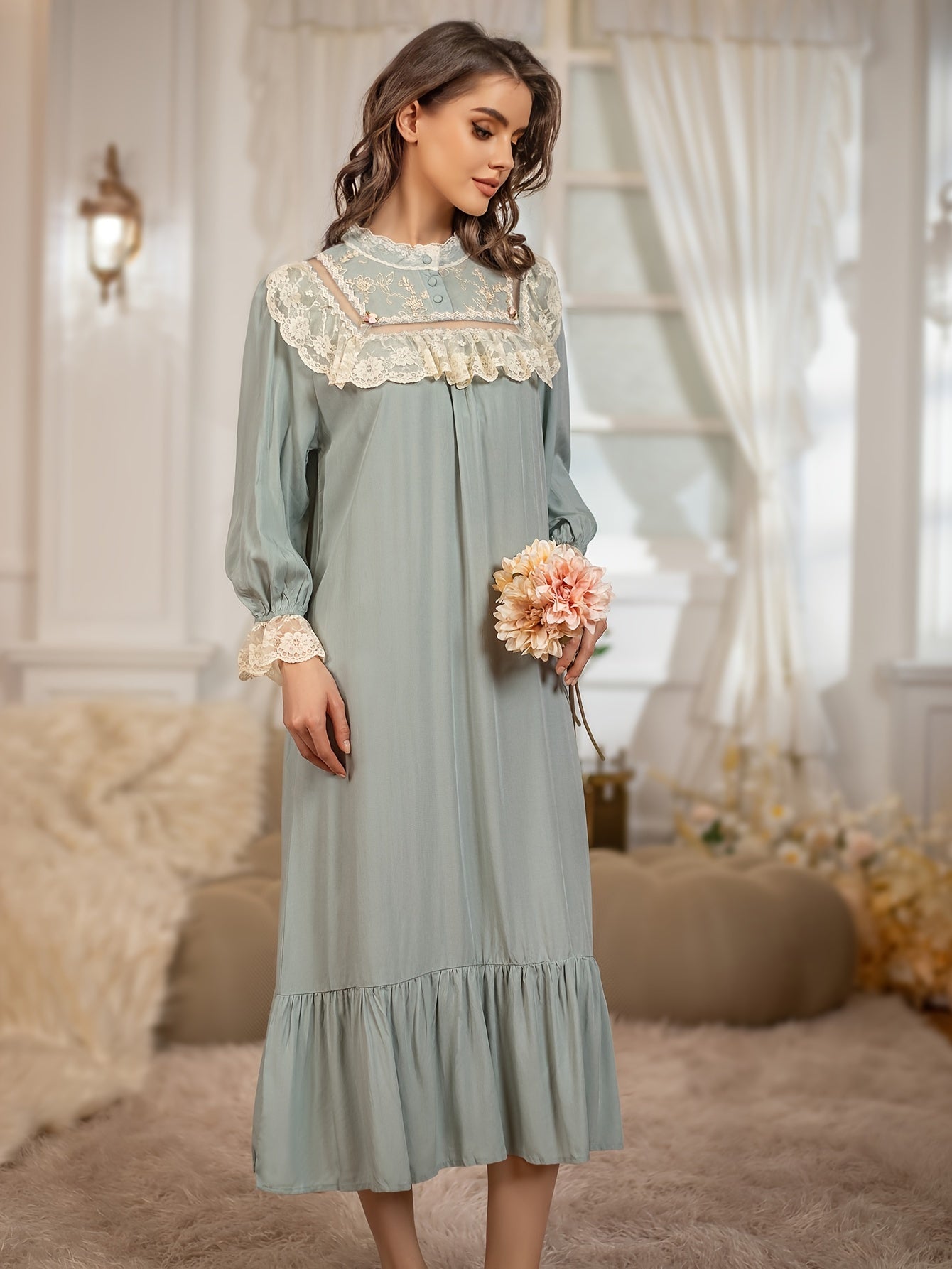 Delicate Mint Solid Lace Trim Shift Dress, Ruffled Sleeve Mock Neck Smock