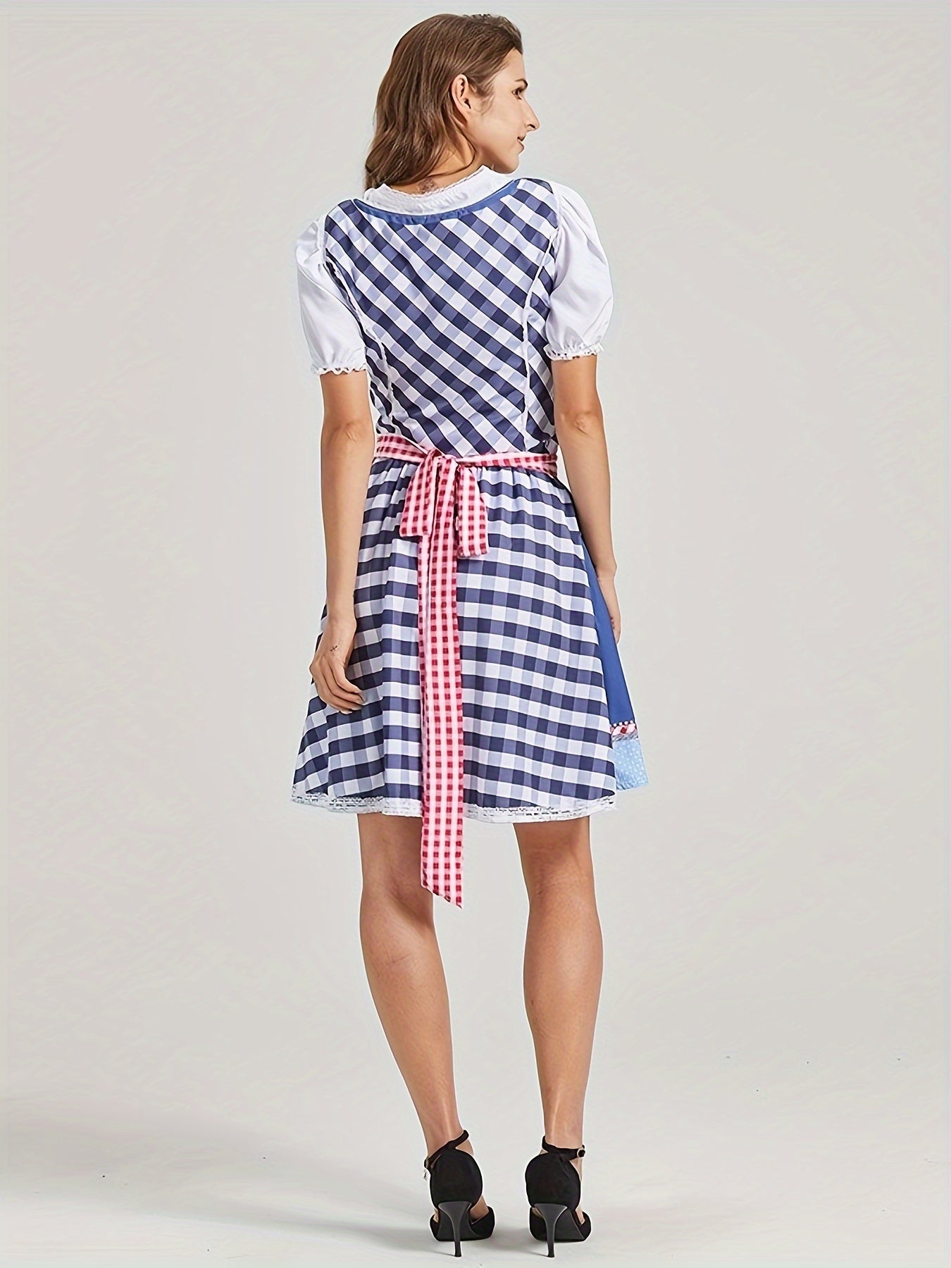 Octoberfest Plaid Print Lace Up Dress, Puff Sleeve A-line Dress