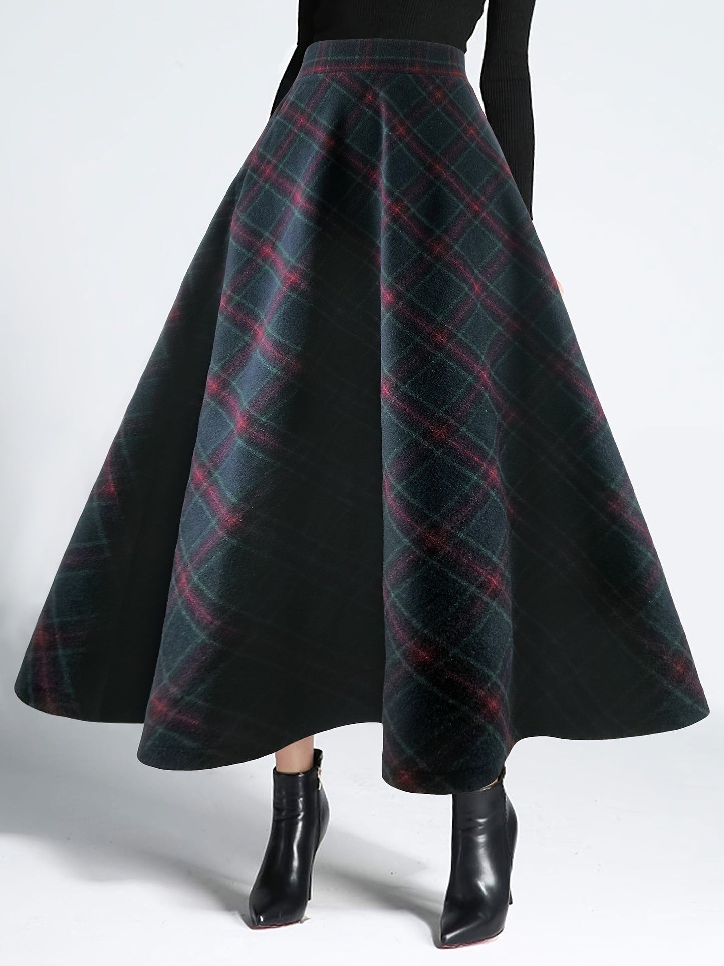 Plaid High Waist Tweed Skirt, Elegant Warm Flared Midi Skirt