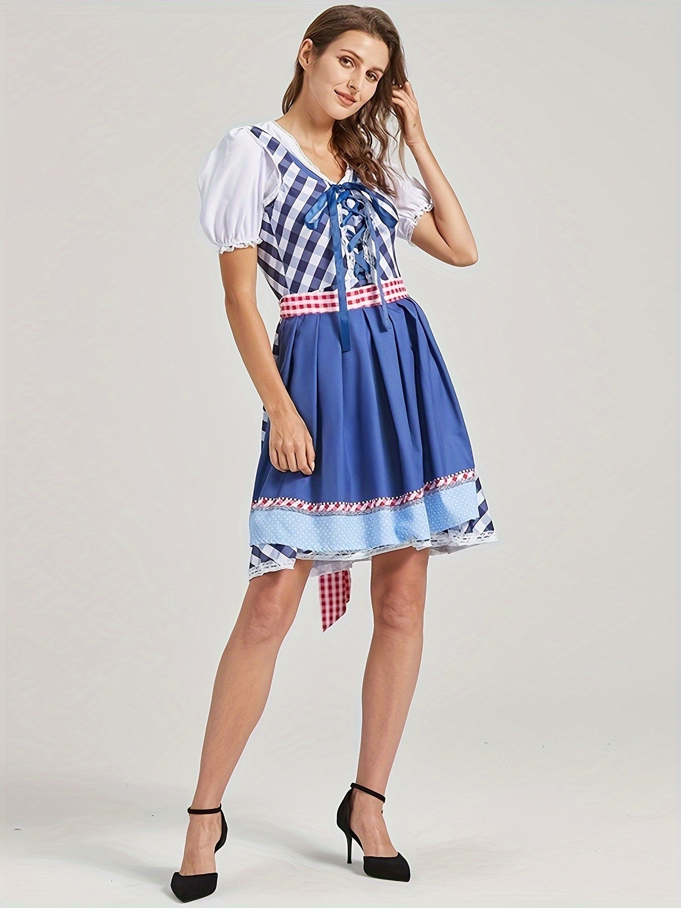 Octoberfest Plaid Print Lace Up Dress, Puff Sleeve A-line Dress