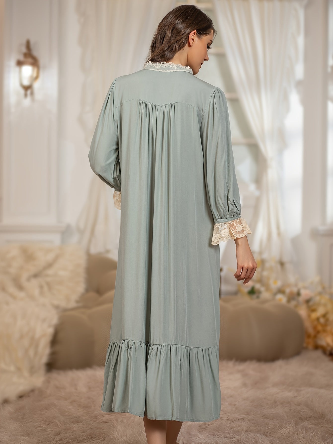 Delicate Mint Solid Lace Trim Shift Dress, Ruffled Sleeve Mock Neck Smock