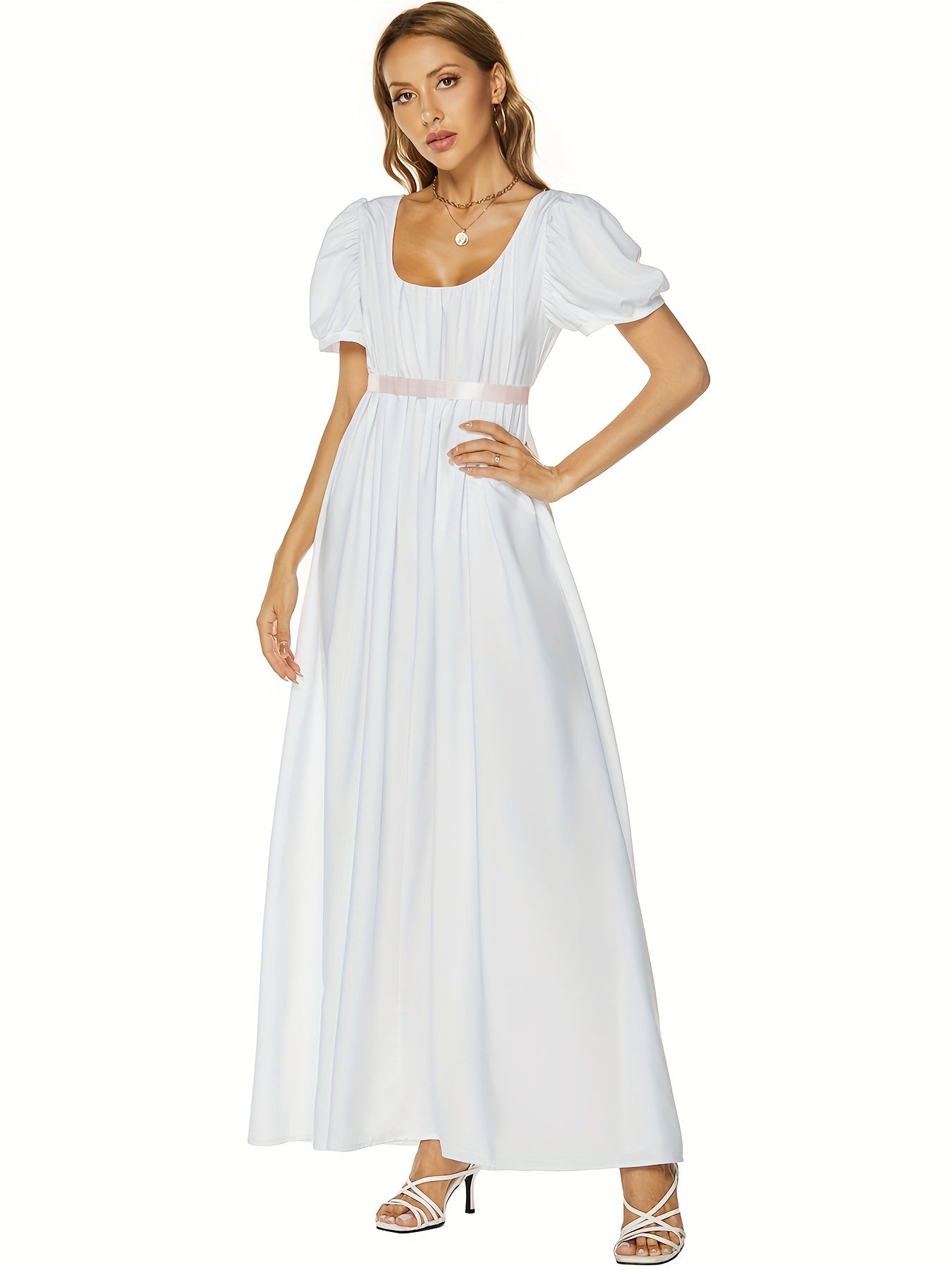 Solid Square Neck Belted Puff Sleeve Peasant Maxi Dress