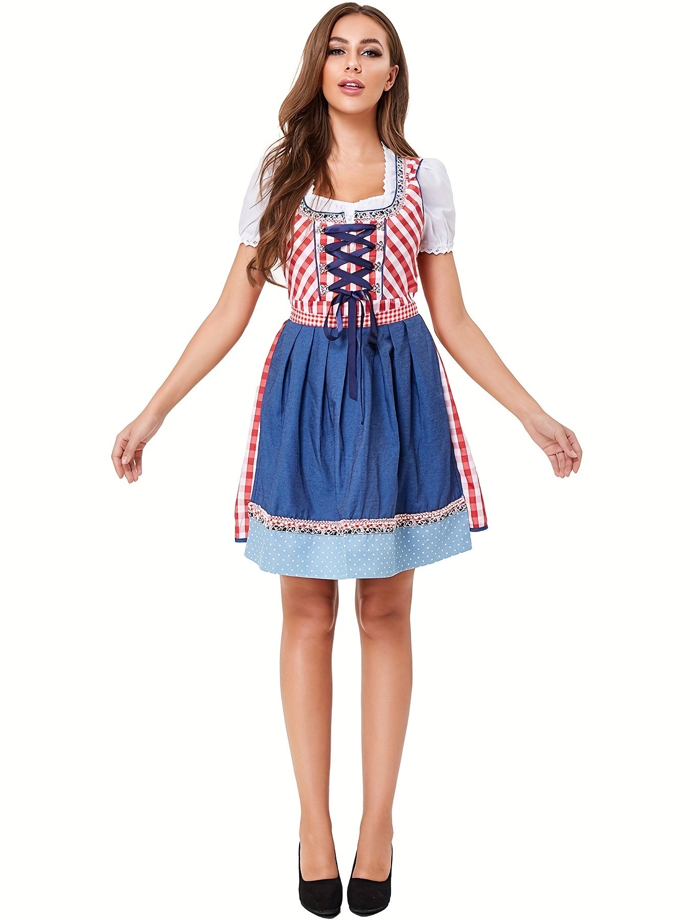 Octoberfest Plaid Print Lace Up Dress, Puff Sleeve A-line Dress