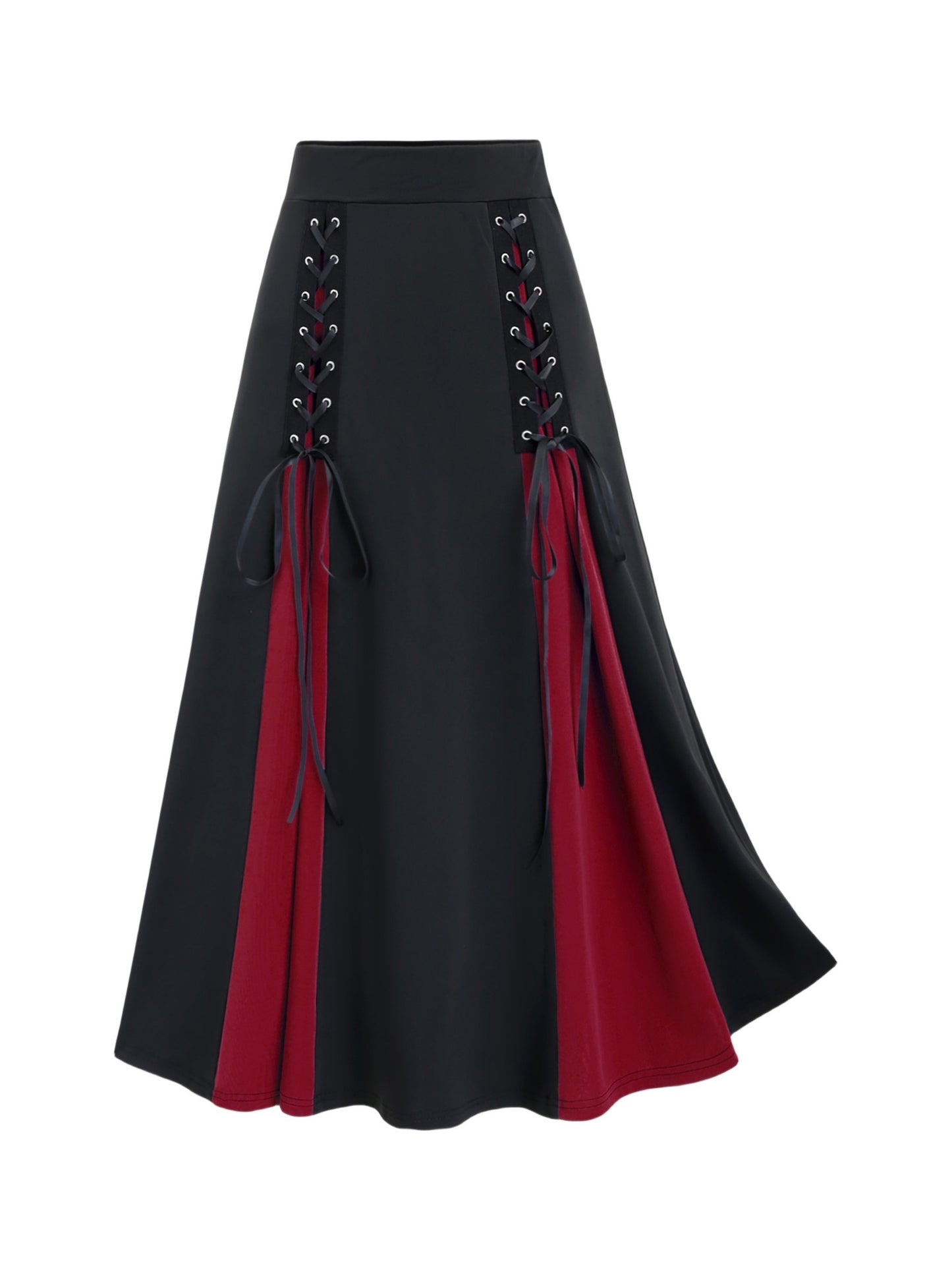 Plus-Sized Gothic A-line Skirt; Stylish Colorblock & Lace-up design; Machine-washable