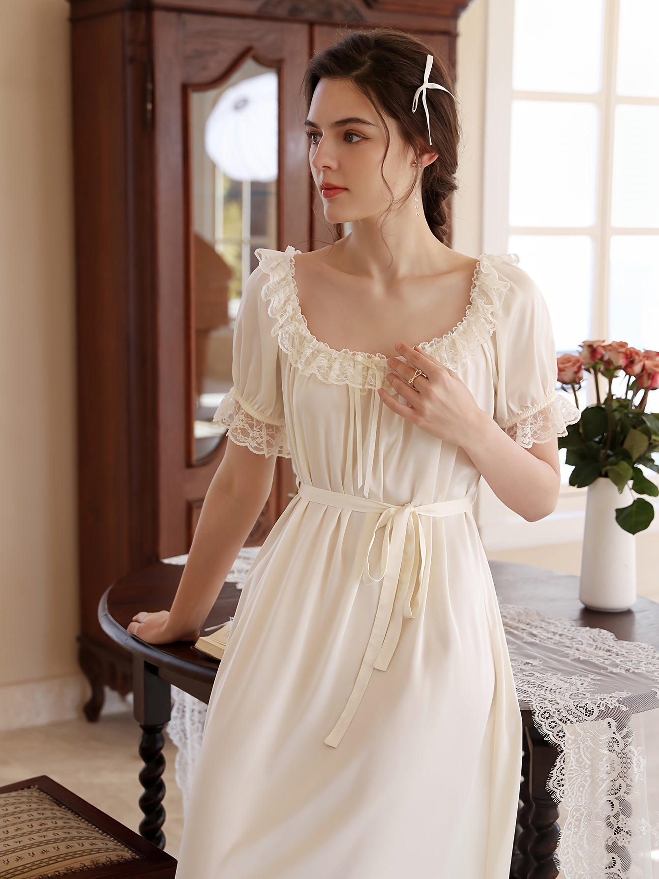 Solid Lace Trim Slip Dress Chemise, Puff Sleeve Round Neckline