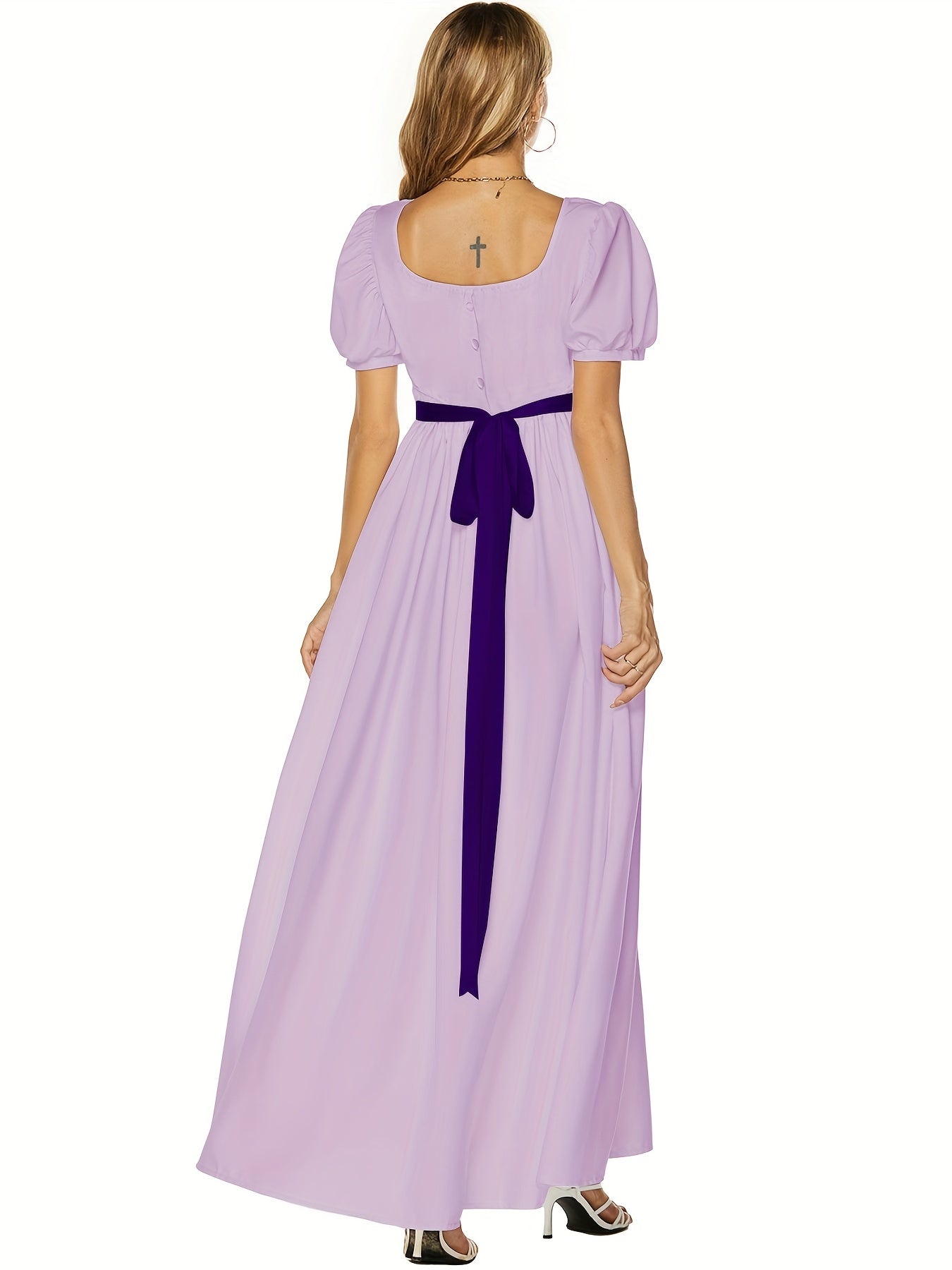 Solid Square Neck Belted Puff Sleeve Peasant Maxi Dress