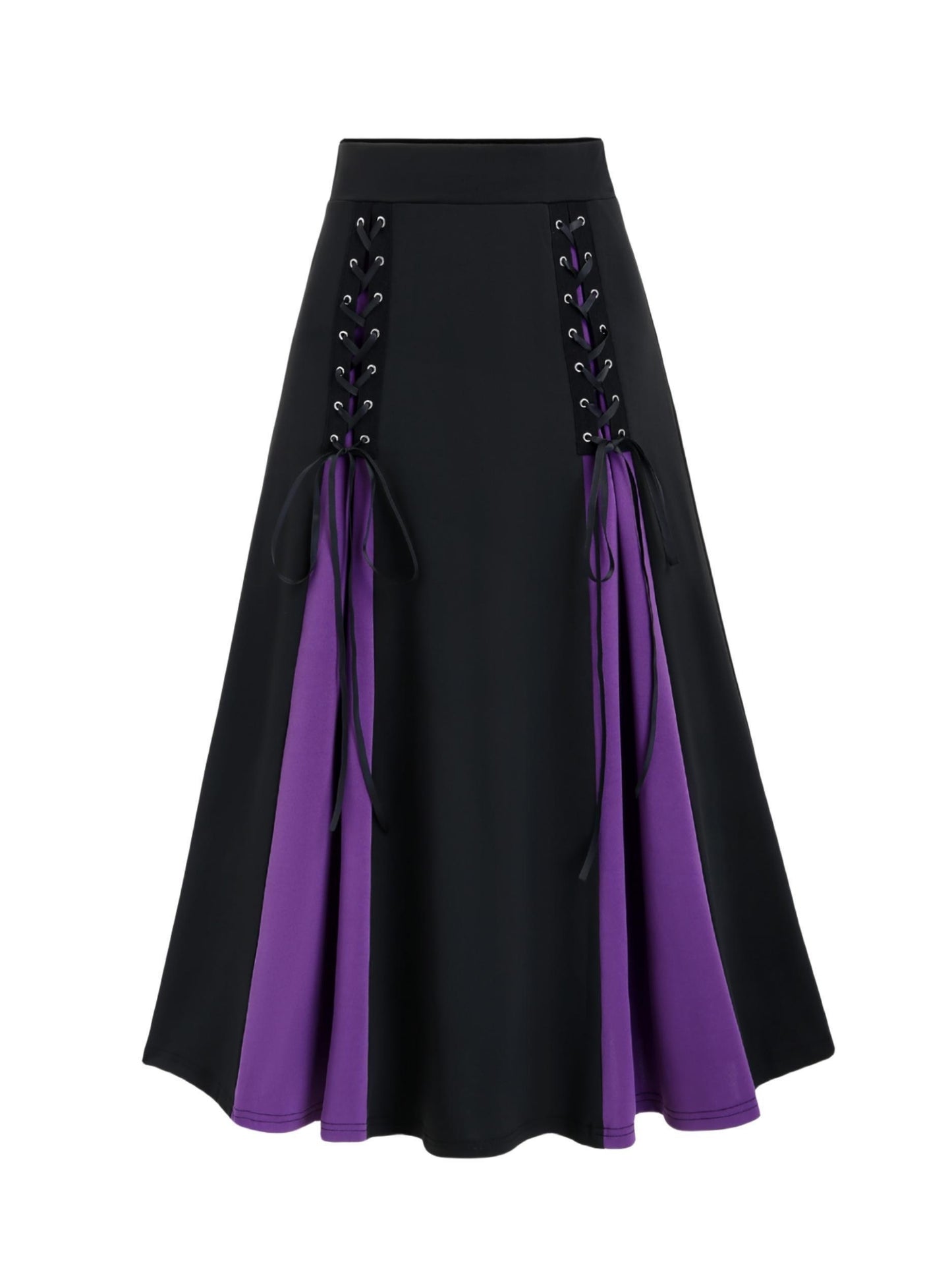 Plus-Sized Gothic A-line Skirt; Stylish Colorblock & Lace-up design; Machine-washable