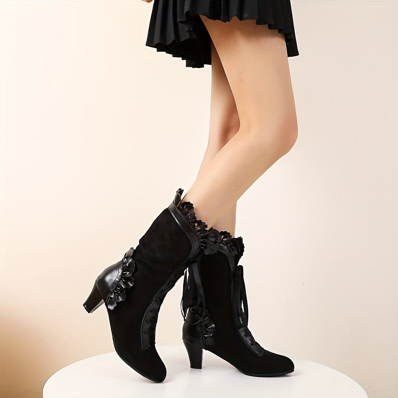 Stylish Flannel Mid-Calf Boots: Round Toe, Lace-Up, Chunky Block Heel