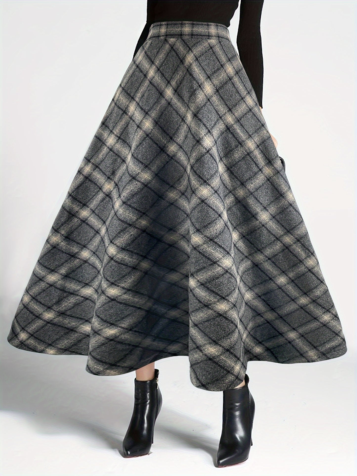 Plaid High Waist Tweed Skirt, Elegant Warm Flared Midi Skirt