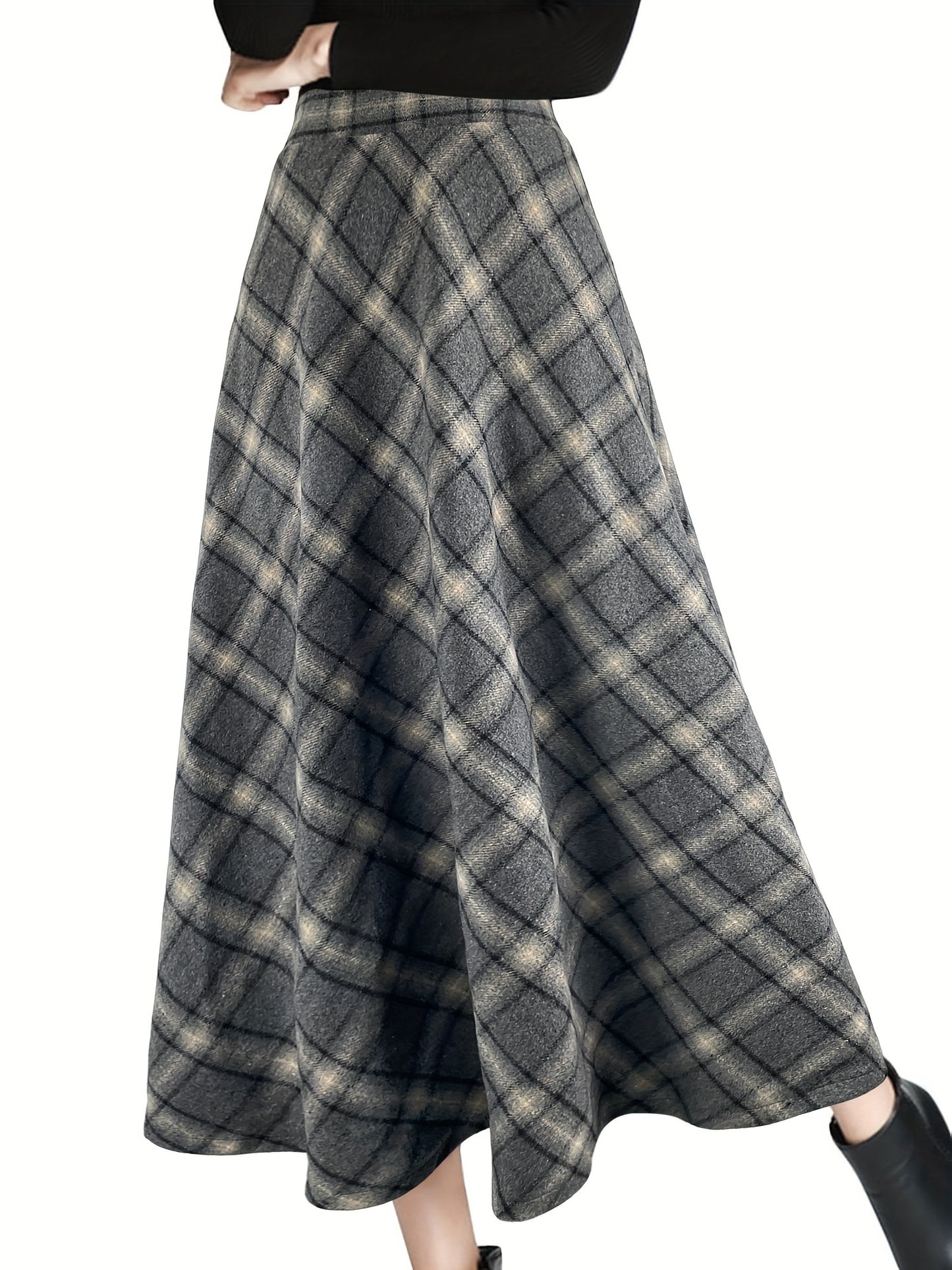 Plaid High Waist Tweed Skirt, Elegant Warm Flared Midi Skirt