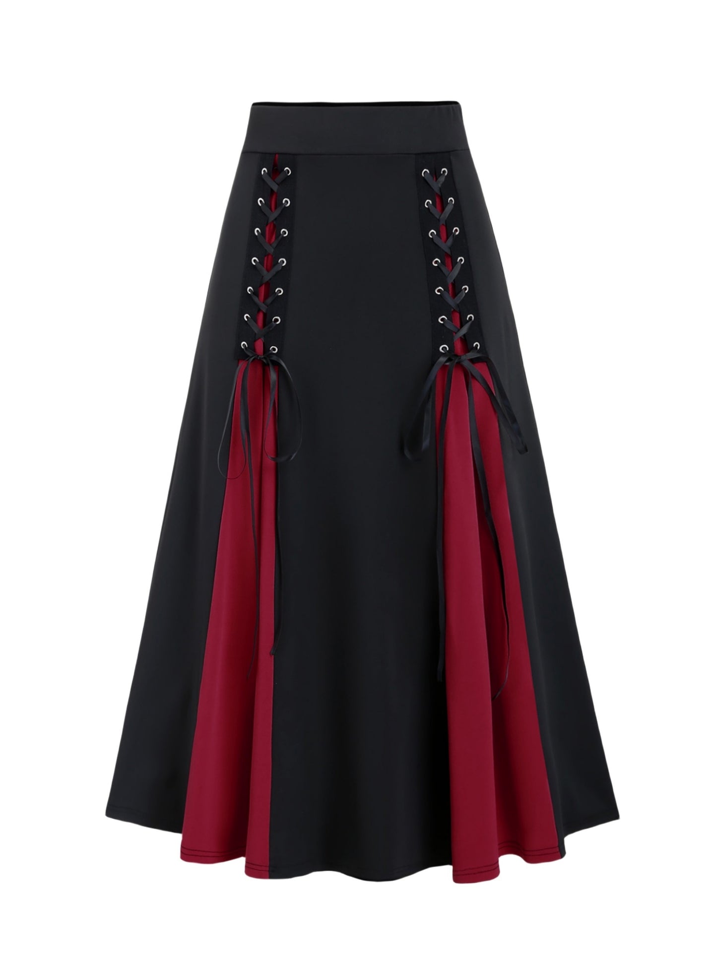 Plus-Sized Gothic A-line Skirt; Stylish Colorblock & Lace-up design; Machine-washable