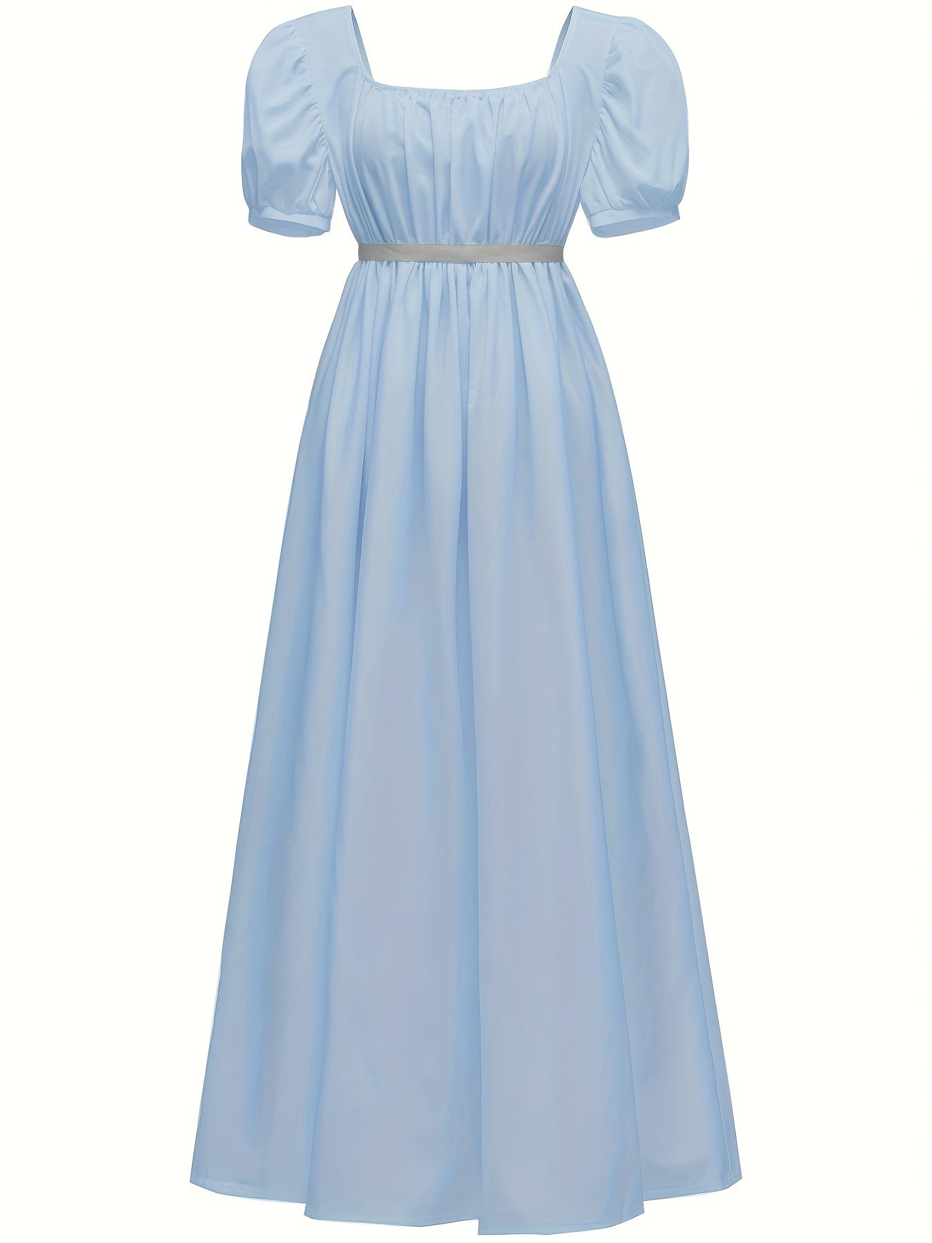 Solid Square Neck Belted Puff Sleeve Peasant Maxi Dress