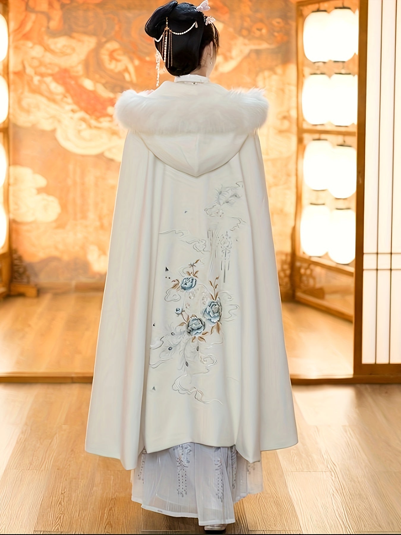 Faux Fur Trim Floral Embroidered Cape Hooded Cloak