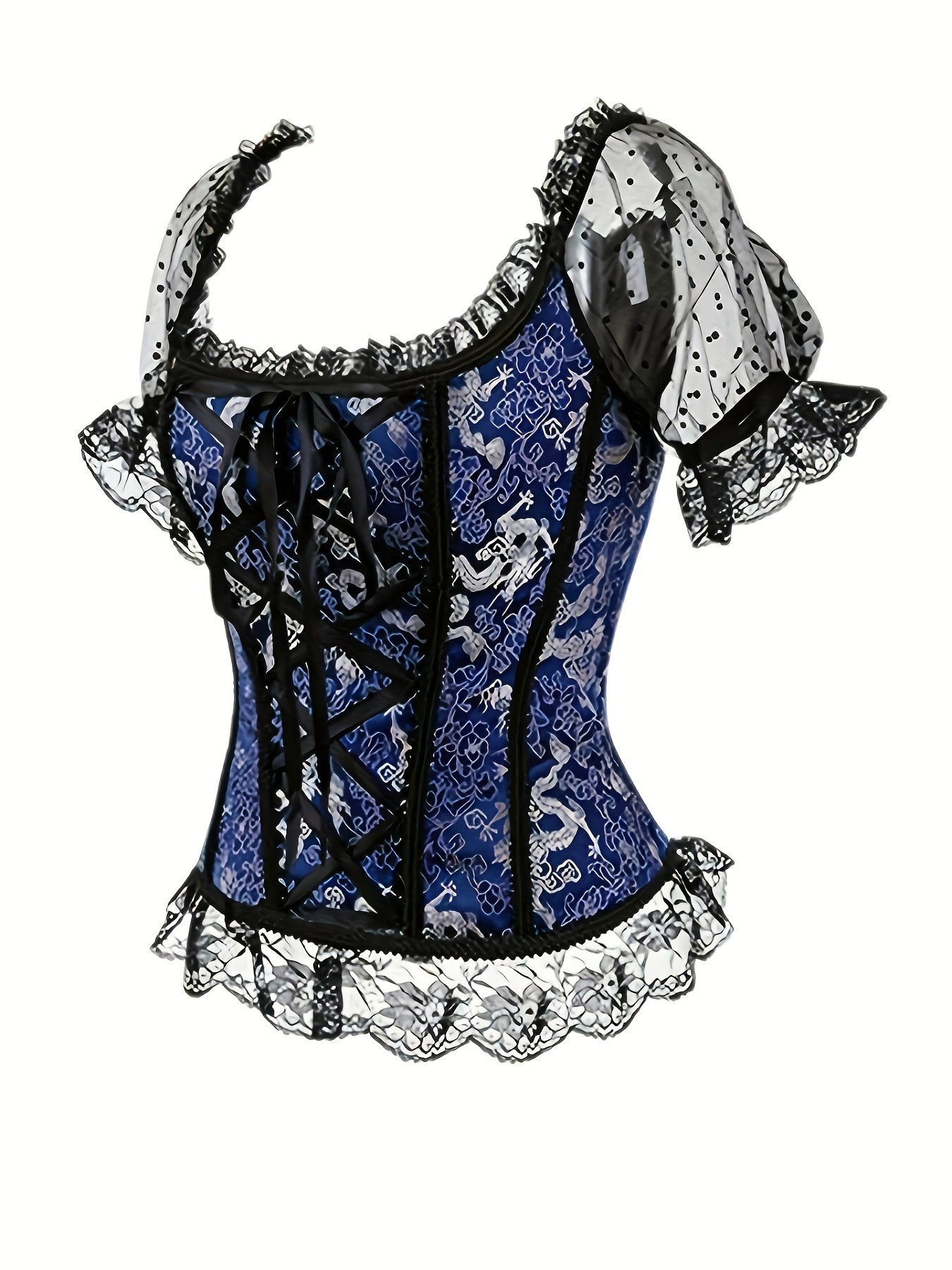 Floral Print Lace Up Bustier, Elegant Off Shoulder Polka Dot Mesh Stitching Corset