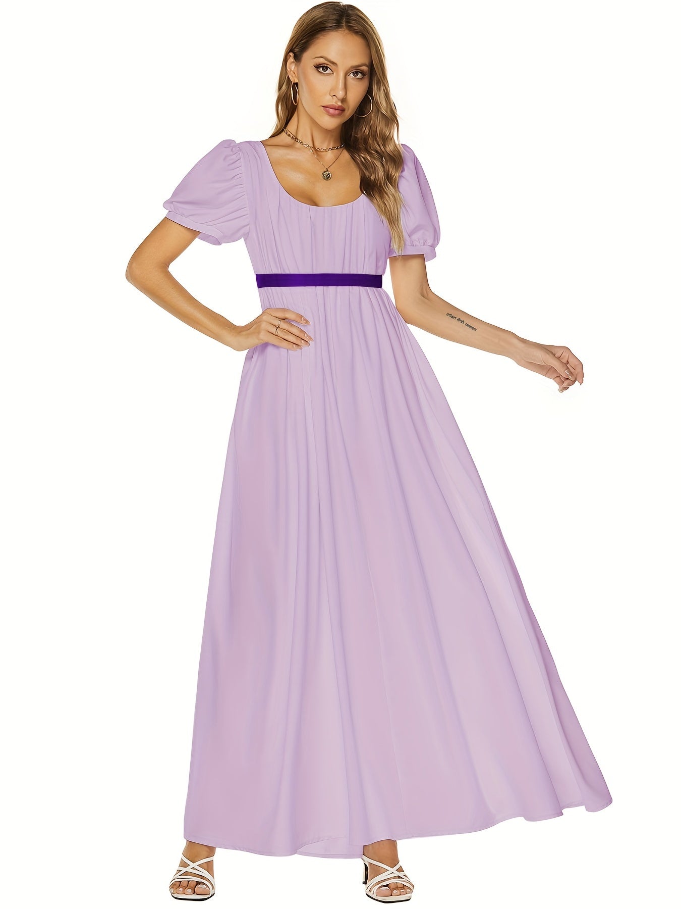 Solid Square Neck Belted Puff Sleeve Peasant Maxi Dress