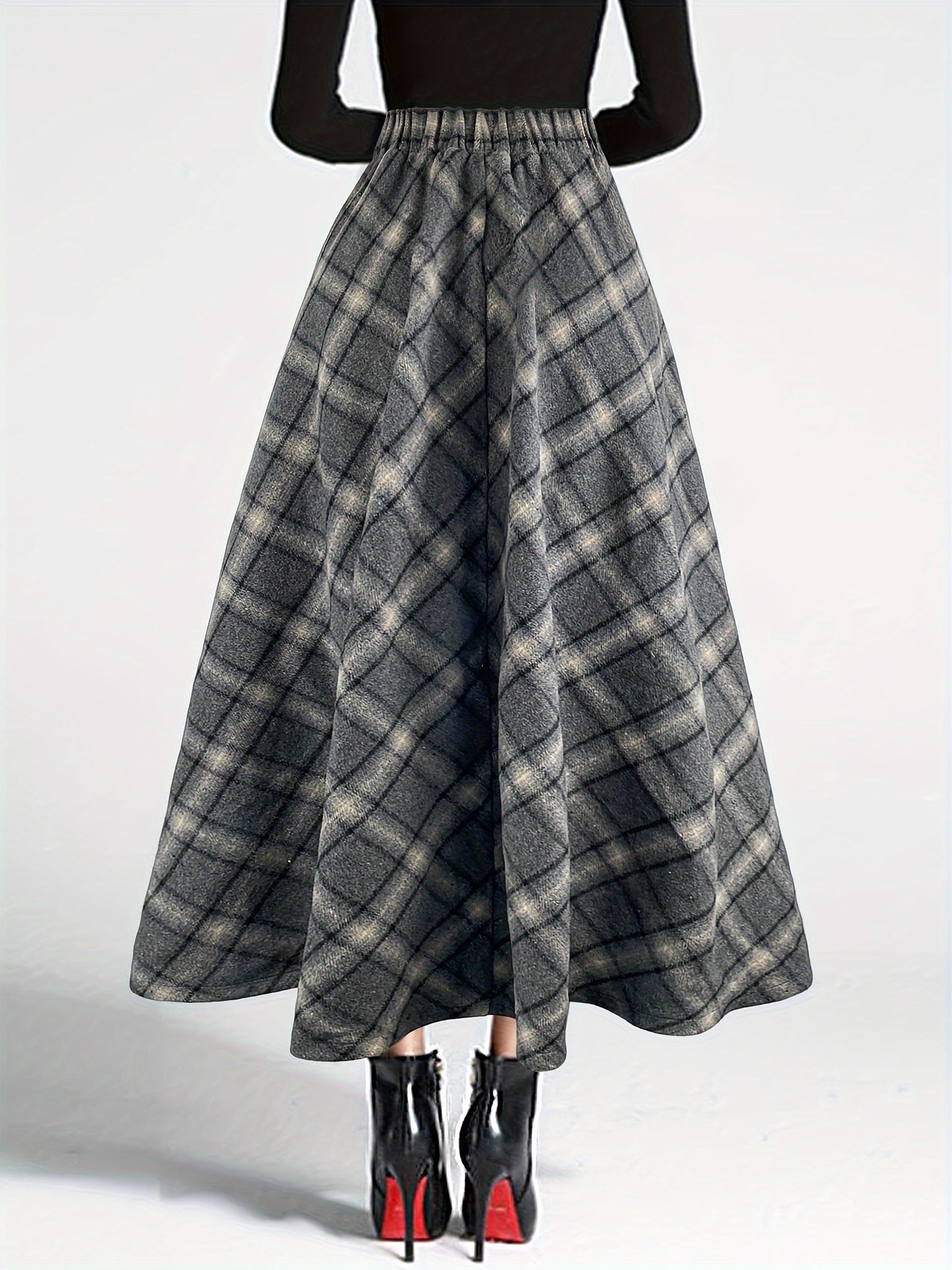 Plaid High Waist Tweed Skirt, Elegant Warm Flared Midi Skirt