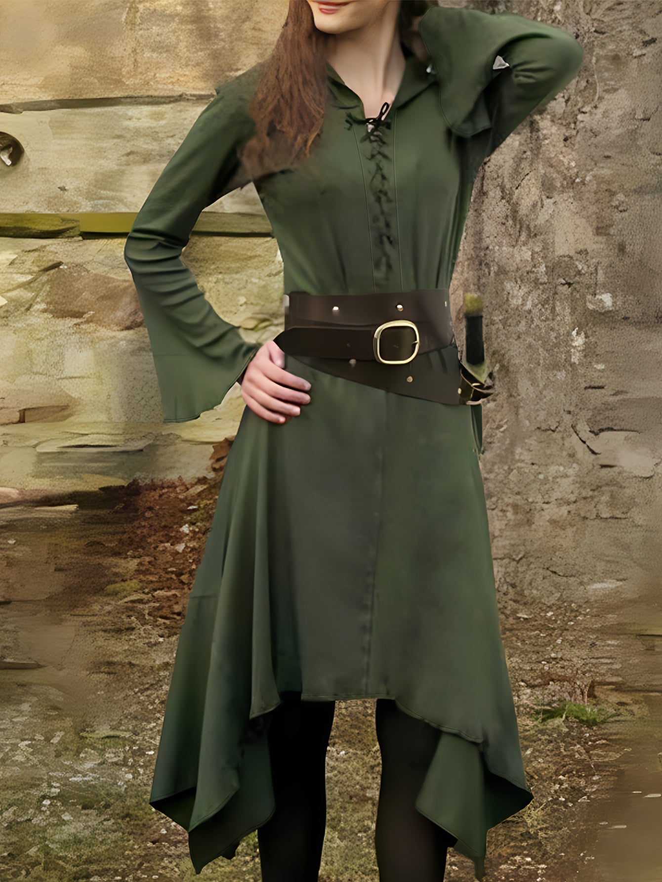 Lace Up Asymmetric Hem Dress - Flare Sleeve Renfaire Apparel