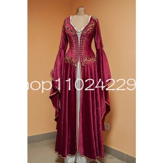 Medieval Fantasy Crimson Dress with Long Sleeve Embroidery Dark Red velvet costume halloween evening gown