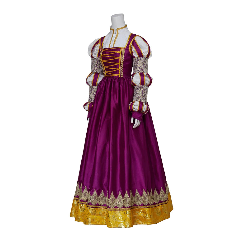 Stunning Highly Embellished Tudor-Era Renaissance Ball Gown & Chemise in Royal Purple, Gold, and Ivory