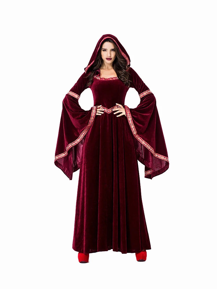 Medieval Velvet Hoodie Long Maxi Dress with Gold and Red Ribbon Accents