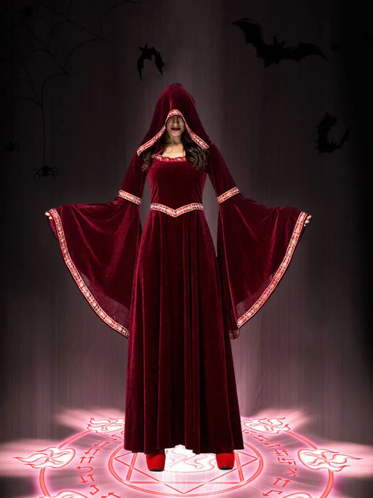 Medieval Velvet Hoodie Long Maxi Dress with Gold and Red Ribbon Accents