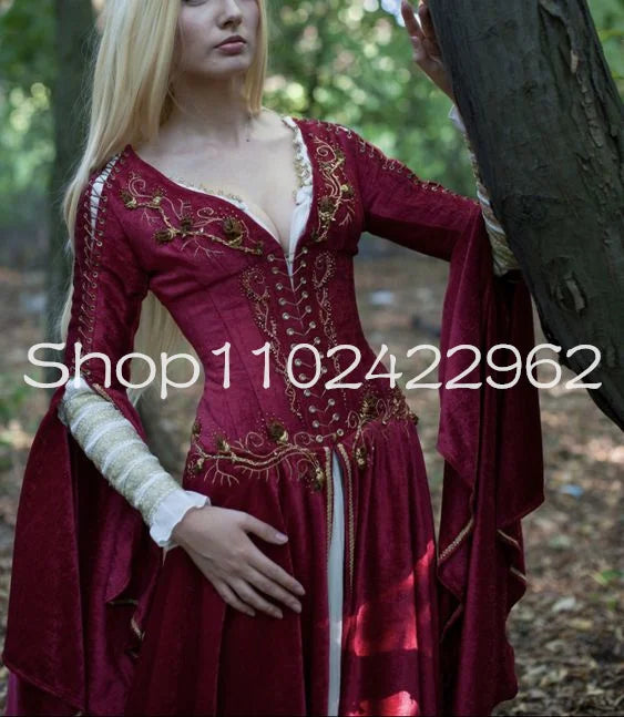 Medieval Fantasy Crimson Dress with Long Sleeve Embroidery Dark Red velvet costume halloween evening gown