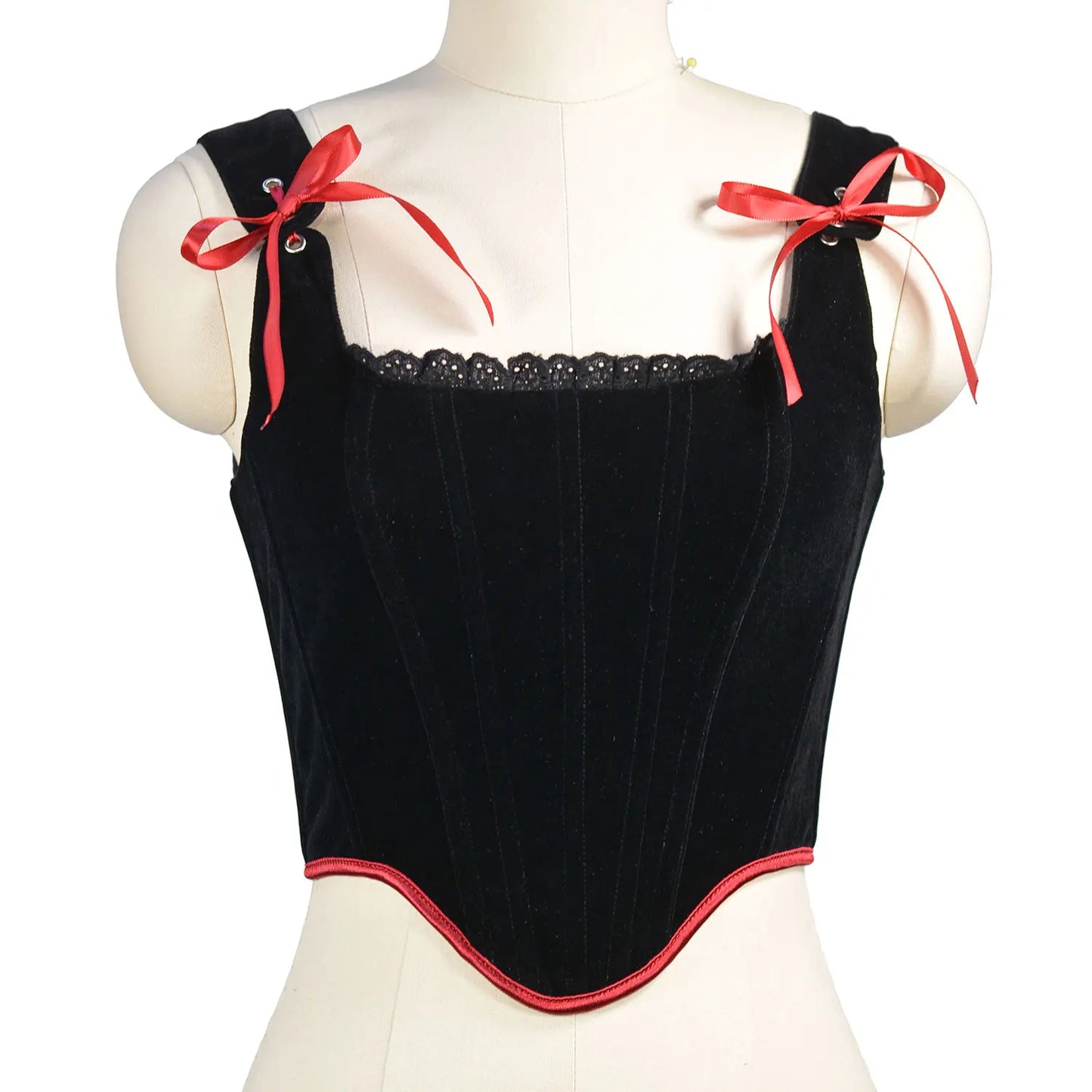 Well-Made Soft Velvet Bustier Corset Top with Salmon Contrasting Ribbon Edge