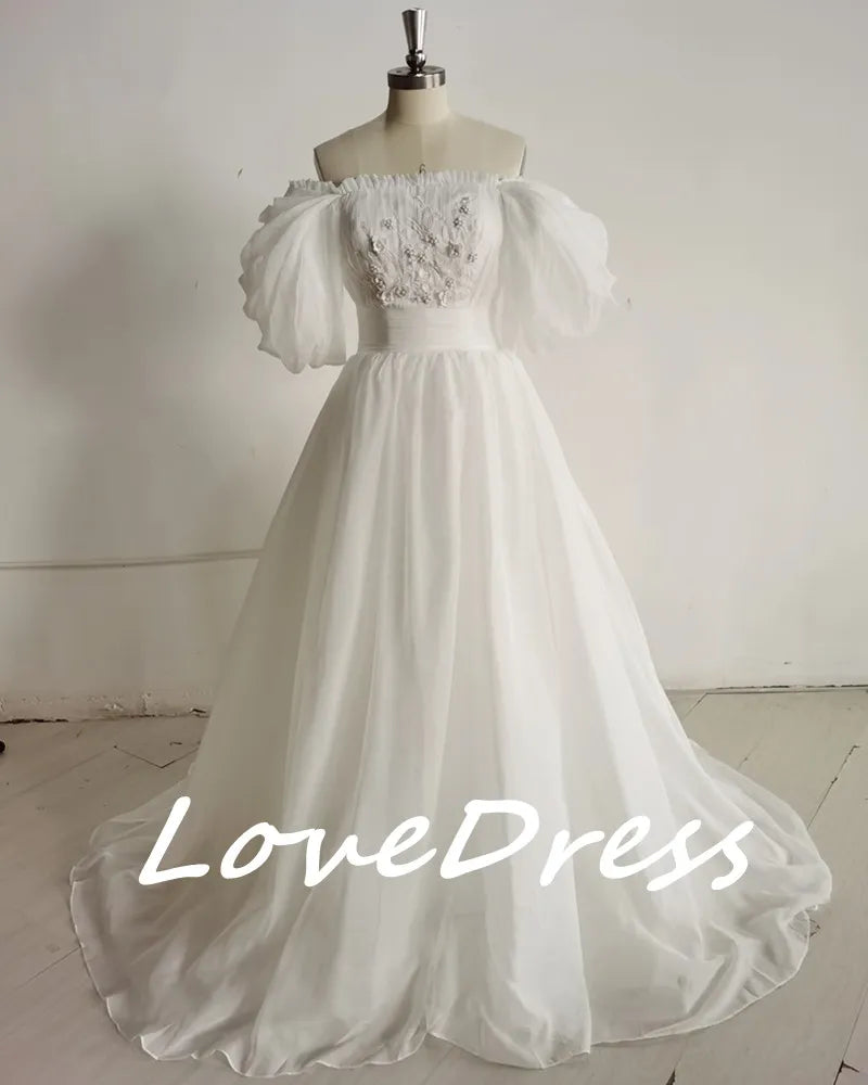 Fairy Boho Off The Shoulder Princess Appliquéd Puff Sleeve Bride Gown