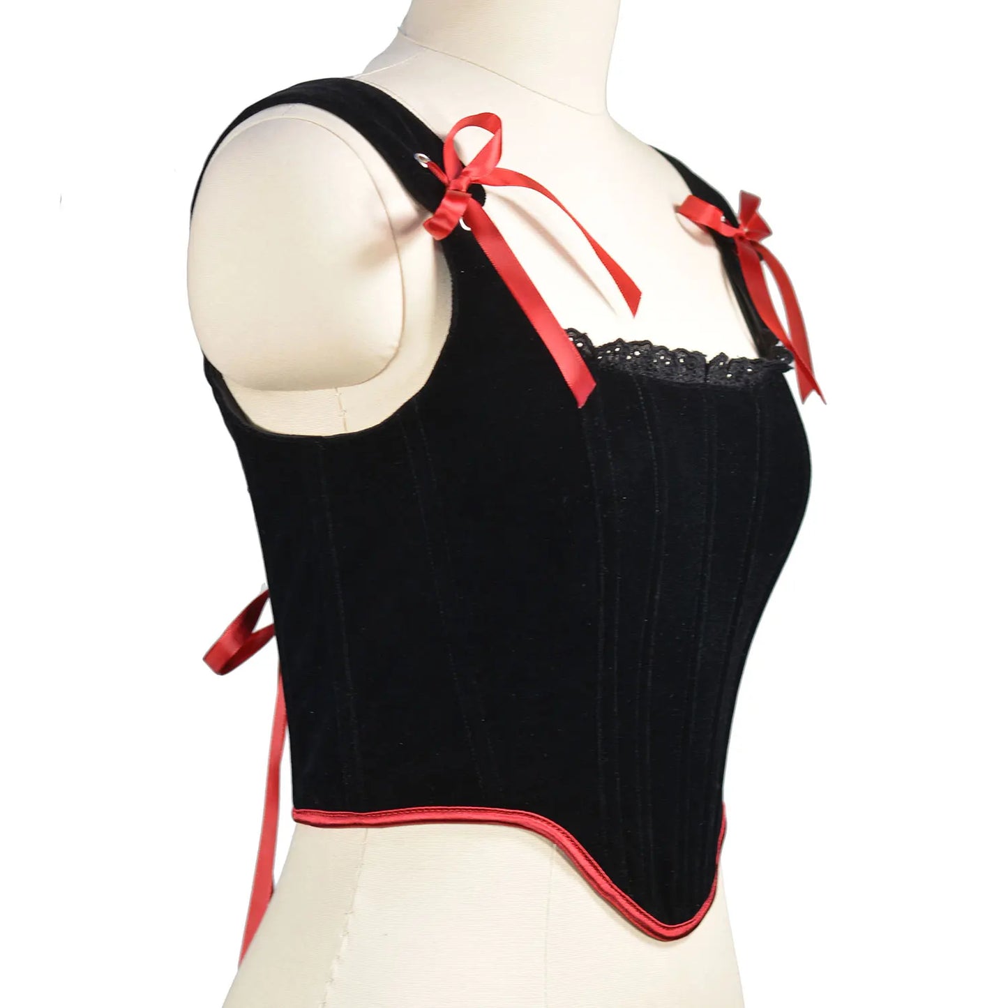 Well-Made Soft Velvet Bustier Corset Top with Salmon Contrasting Ribbon Edge