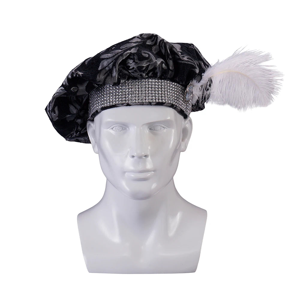 Beautiful Tudor Style Hat with Fine Brocade Details and Button and Feather