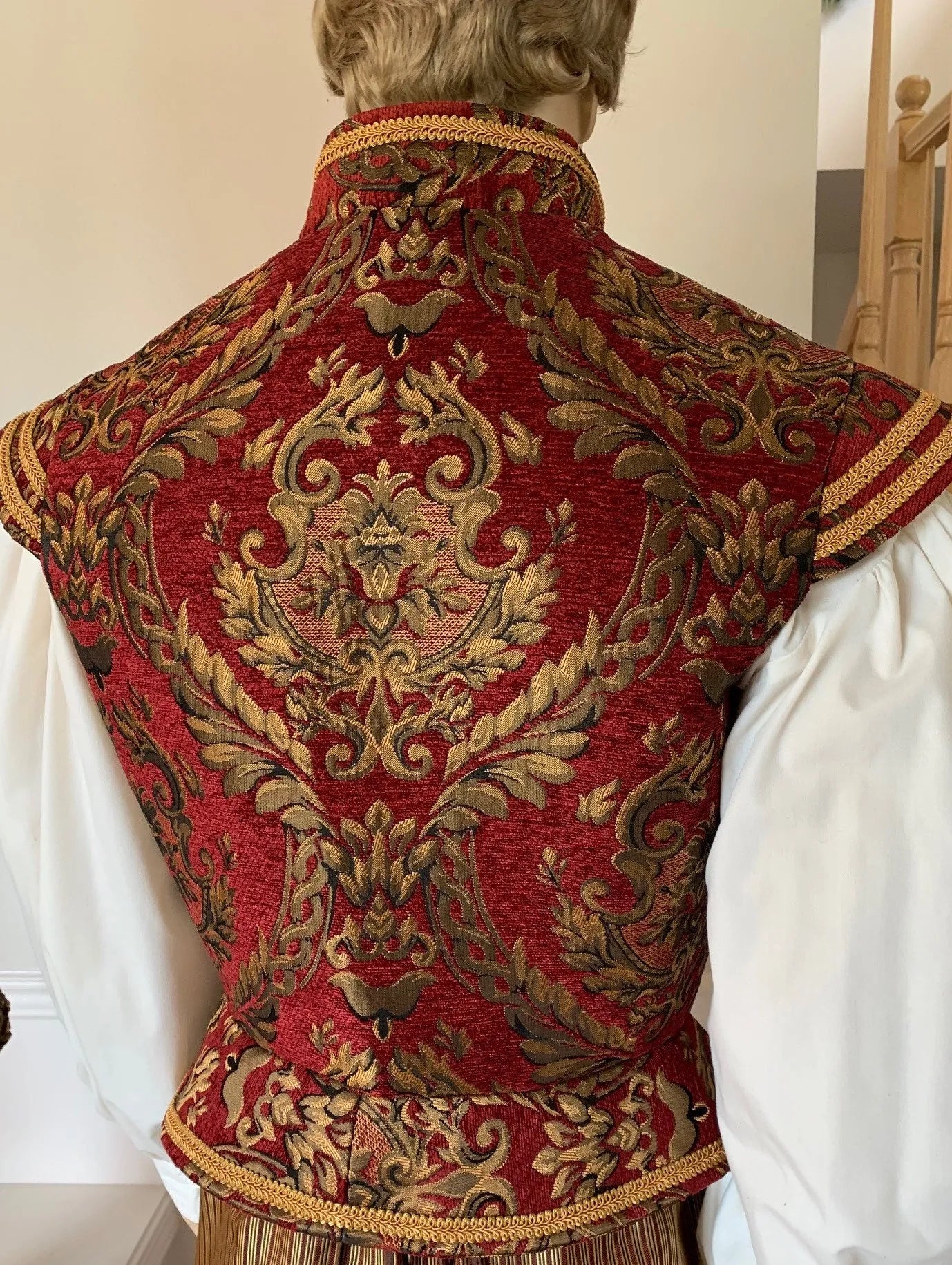 Tudor Elizabethan Embroidered Vest - Red and Gold Brocade Jerkin Vest