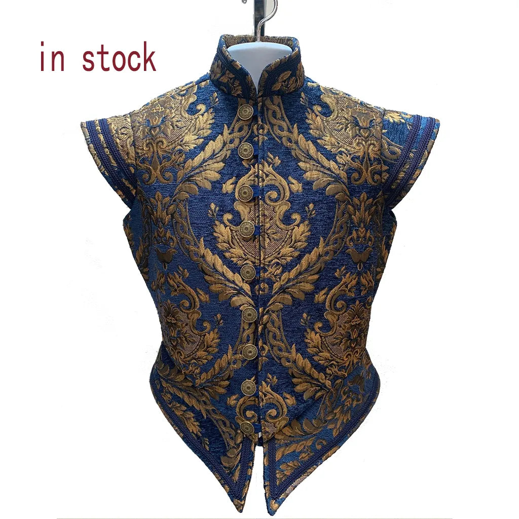 Tudor Elizabethan Embroidered Vest - Red and Gold Brocade Jerkin Vest