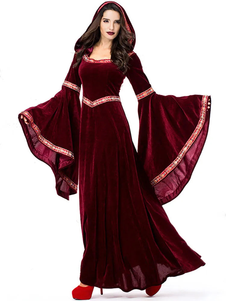 Medieval Velvet Hoodie Long Maxi Dress with Gold and Red Ribbon Accents