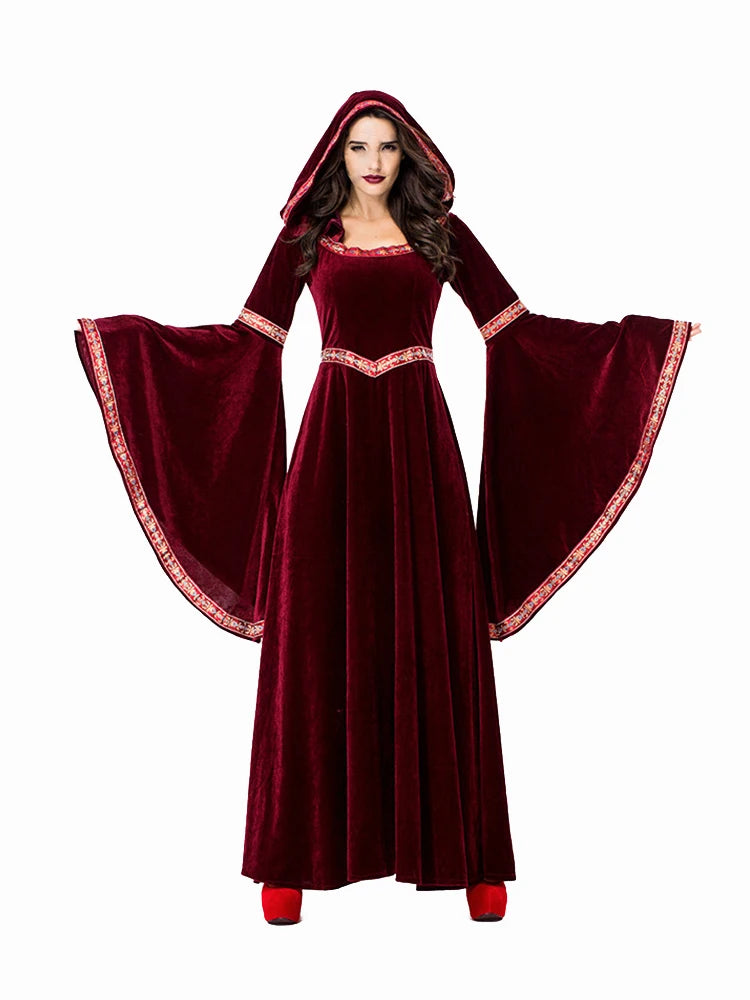 Medieval Velvet Hoodie Long Maxi Dress with Gold and Red Ribbon Accents