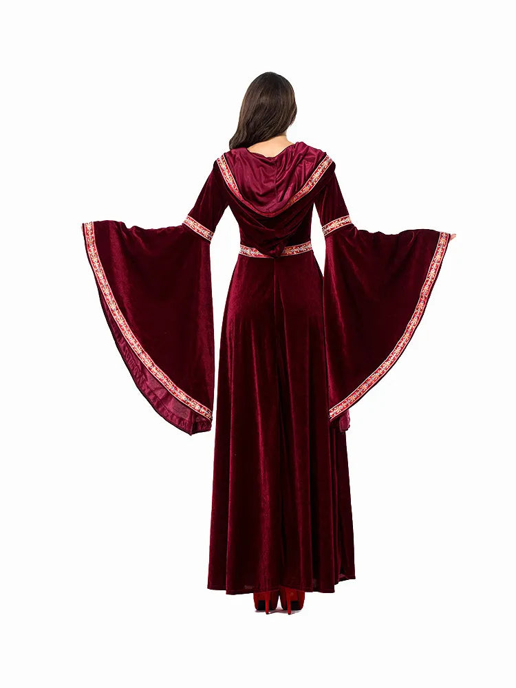 Medieval Velvet Hoodie Long Maxi Dress with Gold and Red Ribbon Accents