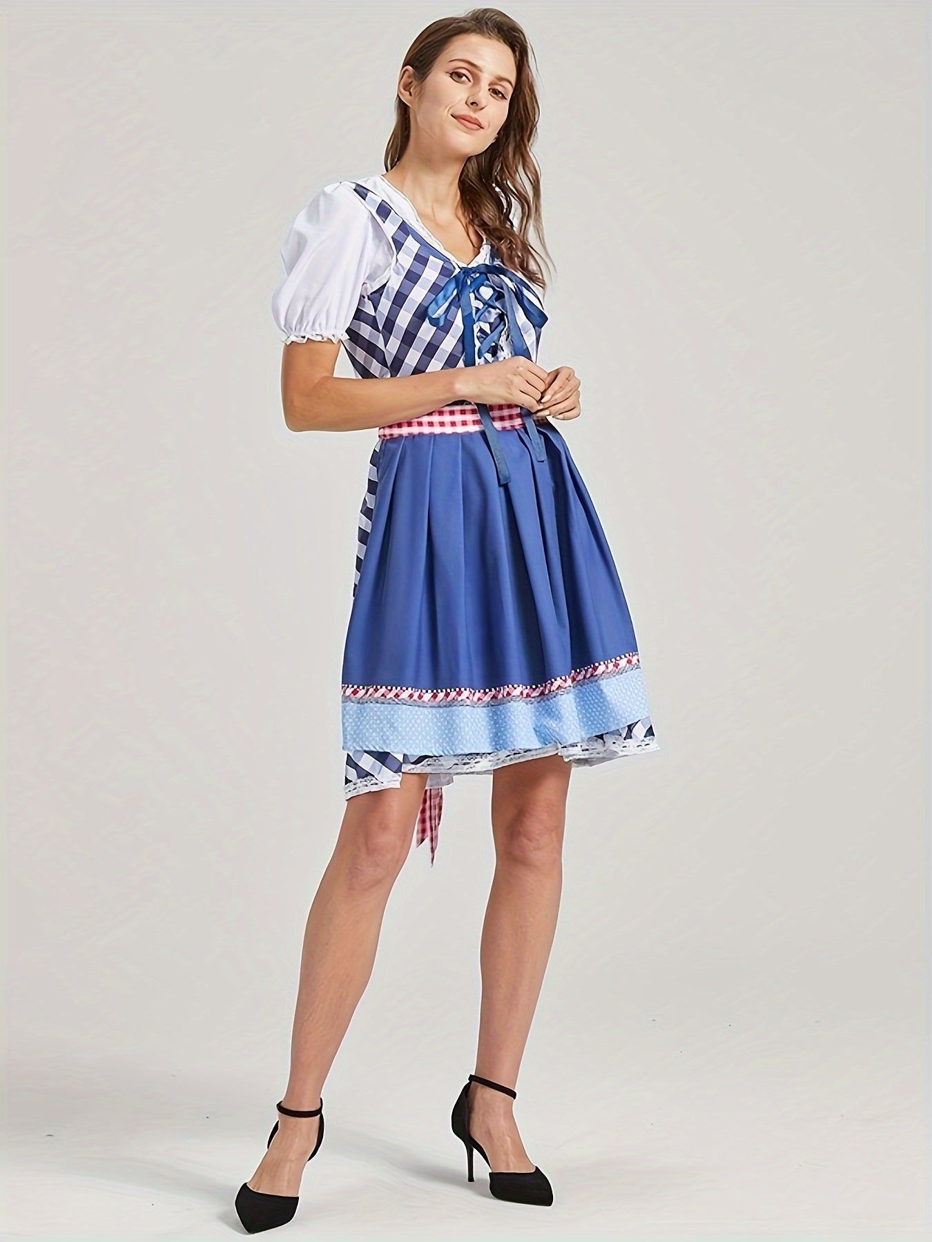 Octoberfest Plaid Print Lace Up Dress, Puff Sleeve A-line Dress