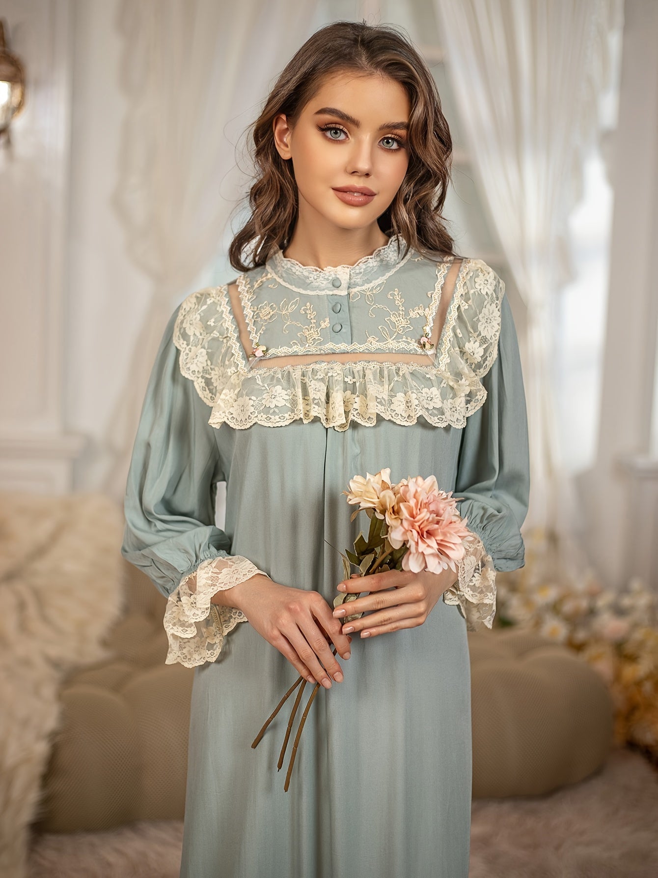 Delicate Mint Solid Lace Trim Shift Dress, Ruffled Sleeve Mock Neck Smock