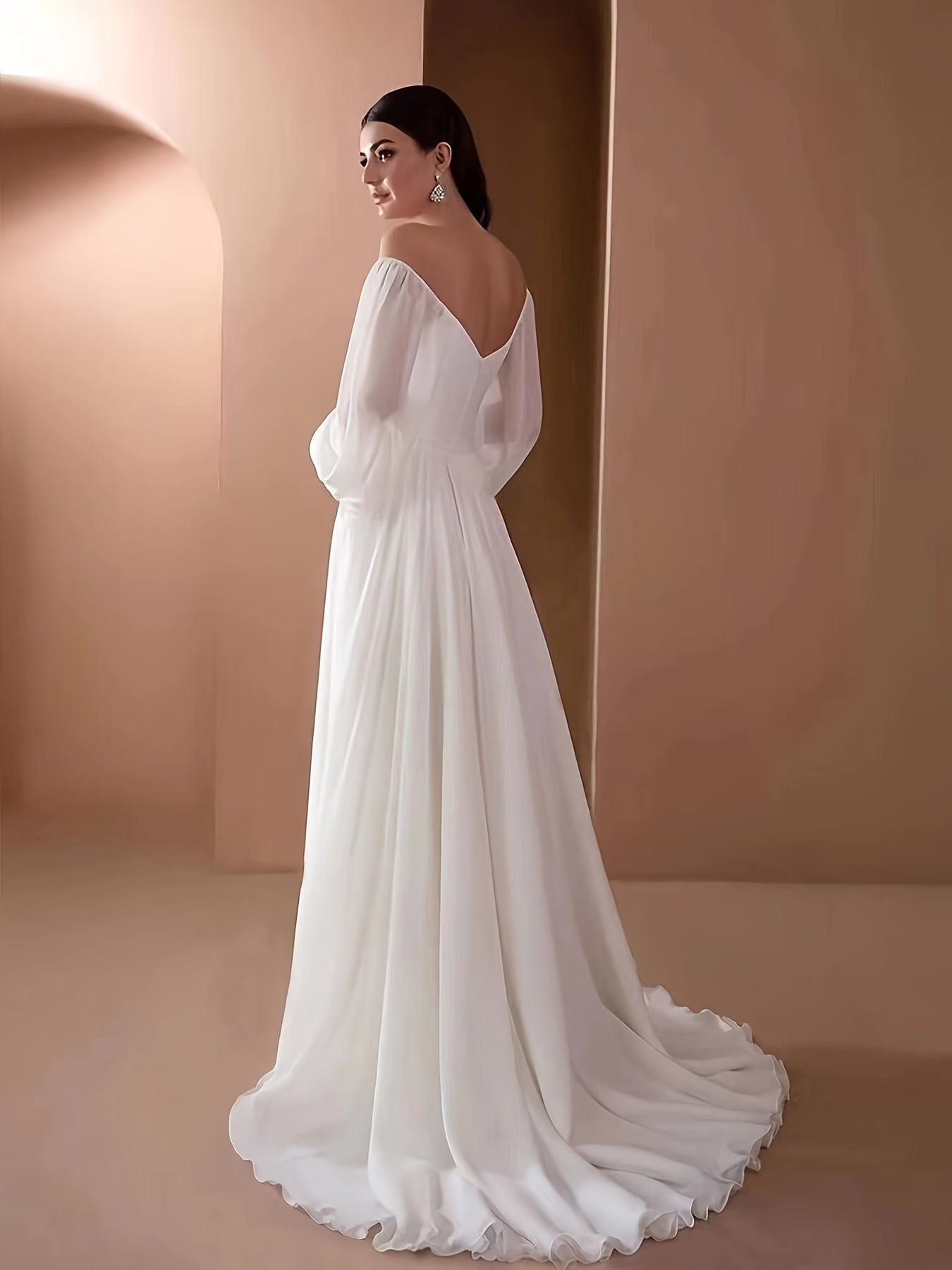 Off Shoulder White Gown, Elegant Solid Ruched Mopping High Waist Flowing Skirt